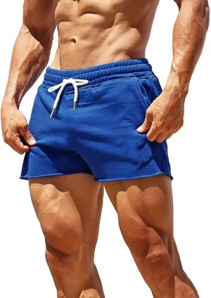 GYMAPE Men's Gym Sport Bodybuilding Workout Casual Shorts with Pockets 3 inch Inseam Raw Hem Terry Cotton