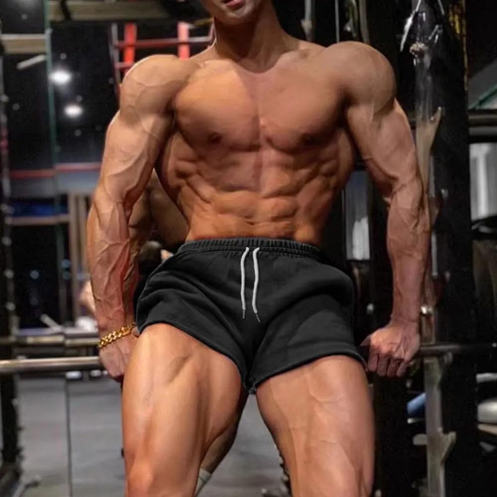 GYMAPE Men's Gym Sport Bodybuilding Workout Casual Shorts with Pockets 3 inch Inseam Raw Hem Terry Cotton