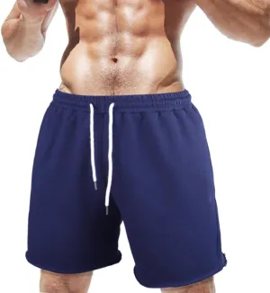 GYMAPE Men's Gym Sport Bodybuilding Workout Casual Shorts with Pockets 3 inch Inseam Raw Hem Terry Cotton