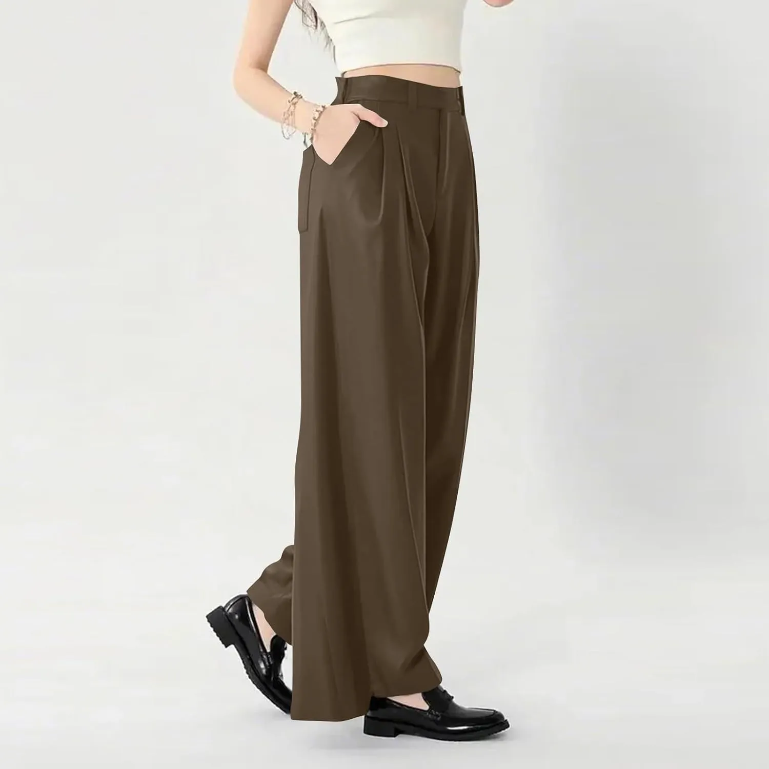 High Waist Flowy Office Work Pants Women with Pleated Elastic Waist Wide Leg Pants Women for Business Casual Slacks