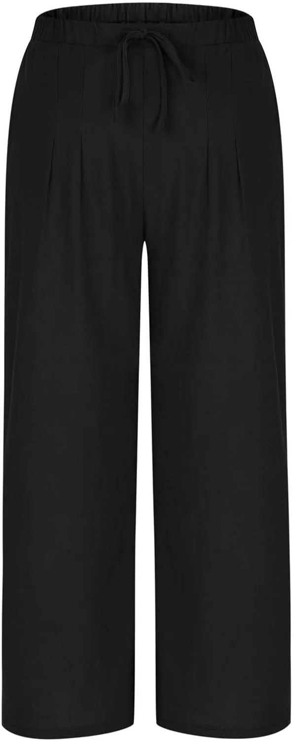 High Waisted Linen Pants for Women Wide Leg Drawstring Comfy Dressy Casual Trousers with Pockets Summer Beach Outfits