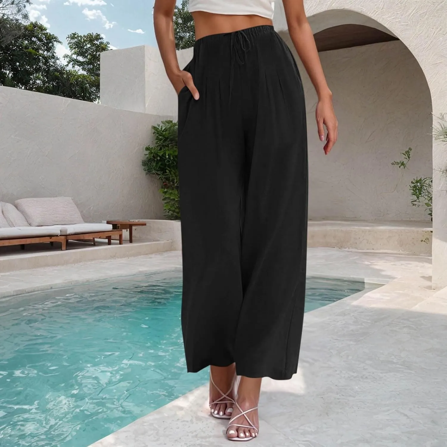 High Waisted Linen Pants for Women Wide Leg Drawstring Comfy Dressy Casual Trousers with Pockets Summer Beach Outfits