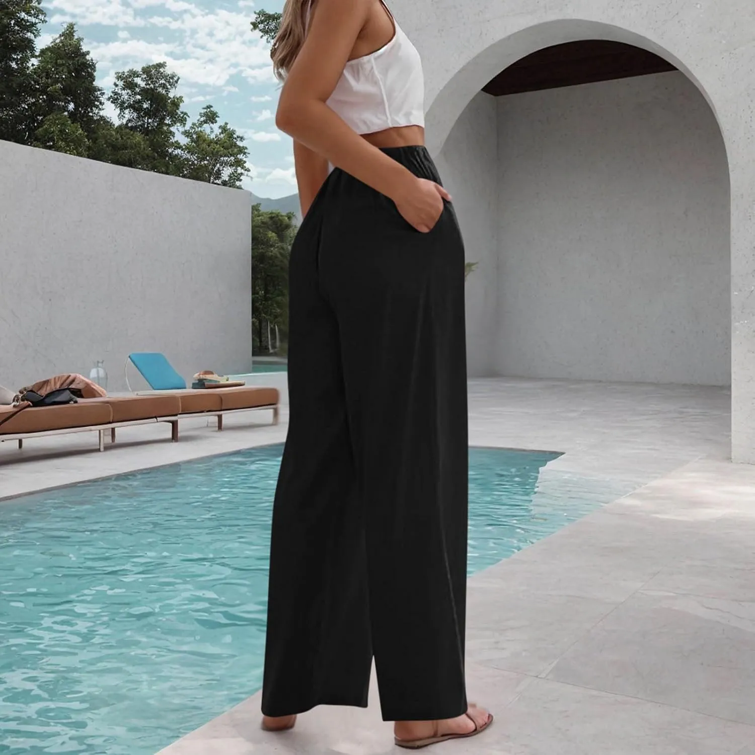 High Waisted Linen Pants for Women Wide Leg Drawstring Comfy Dressy Casual Trousers with Pockets Summer Beach Outfits