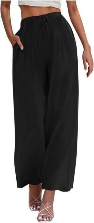 High Waisted Linen Pants for Women Wide Leg Drawstring Comfy Dressy Casual Trousers with Pockets Summer Beach Outfits