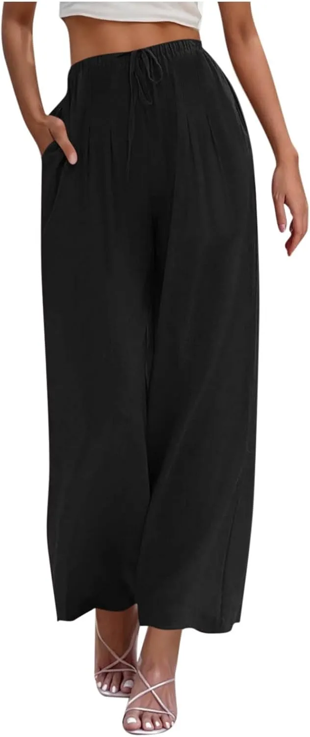 High Waisted Linen Pants for Women Wide Leg Drawstring Comfy Dressy Casual Trousers with Pockets Summer Beach Outfits