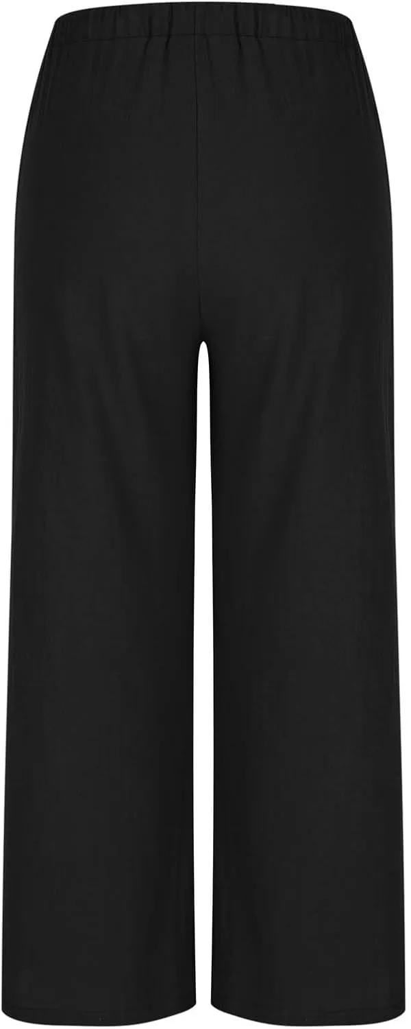 High Waisted Linen Pants for Women Wide Leg Drawstring Comfy Dressy Casual Trousers with Pockets Summer Beach Outfits