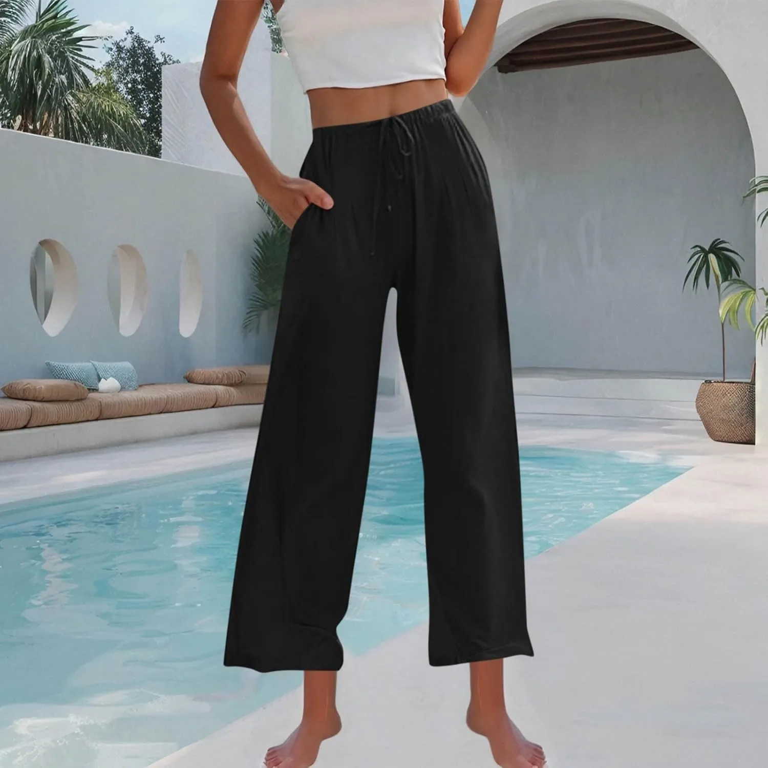 High Waisted Linen Pants for Women Wide Leg Drawstring Comfy Dressy Casual Trousers with Pockets Summer Beach Outfits