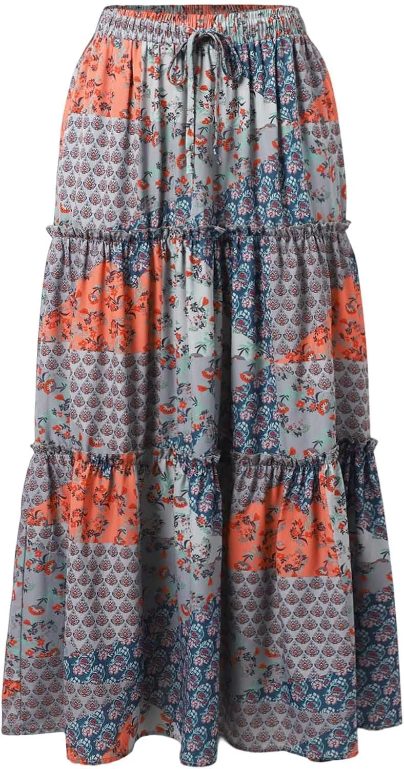 High Waisted Skirts for Women Boho Elastic Waisted Flowy Lightweight Skirt Drawstring Baggy Trendy Skorts with Pockets