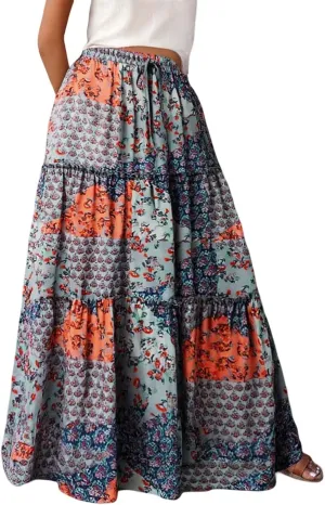 High Waisted Skirts for Women Boho Elastic Waisted Flowy Lightweight Skirt Drawstring Baggy Trendy Skorts with Pockets