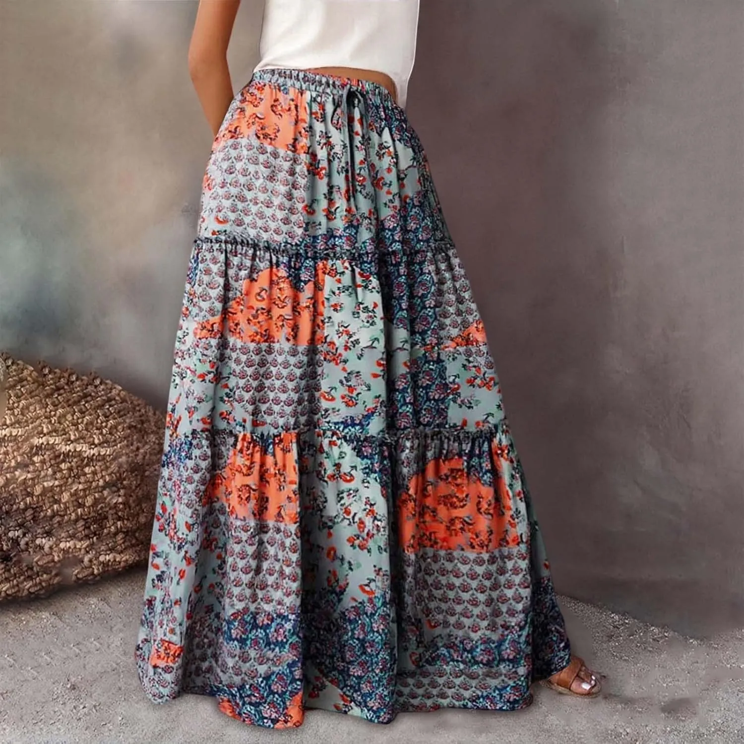 High Waisted Skirts for Women Boho Elastic Waisted Flowy Lightweight Skirt Drawstring Baggy Trendy Skorts with Pockets
