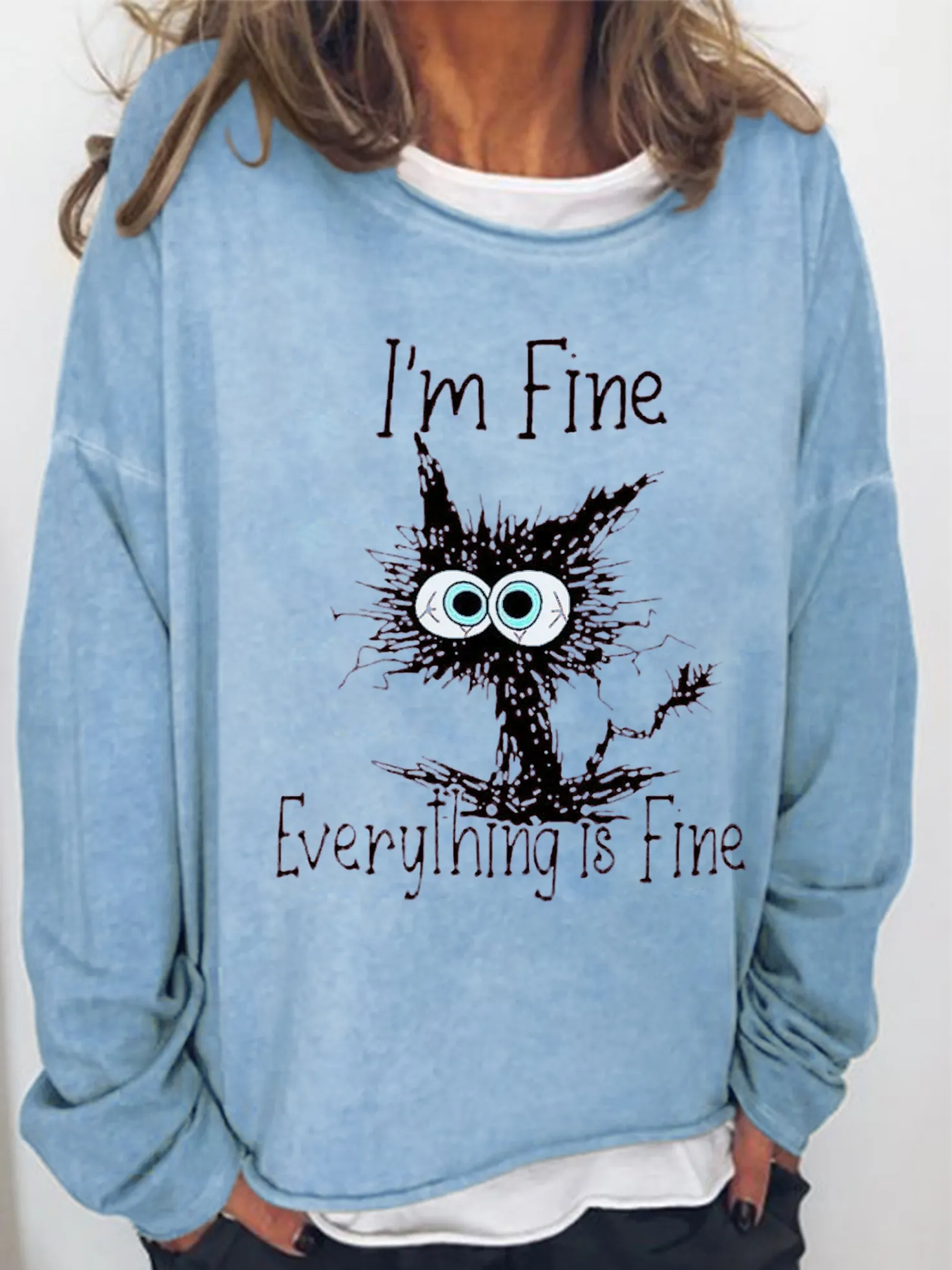 I'm Fine Everthing Is Fine Cat Funny Print Long Sleeve Shirt