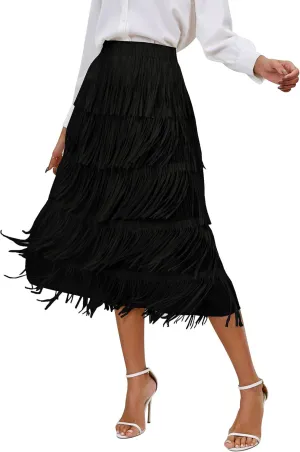 IWEMEK Elastic High Waist Fringe Skirts for Women Tassels Tiered Layered Midi Skirts Fall Christmas Party Casual A-Line Skirt