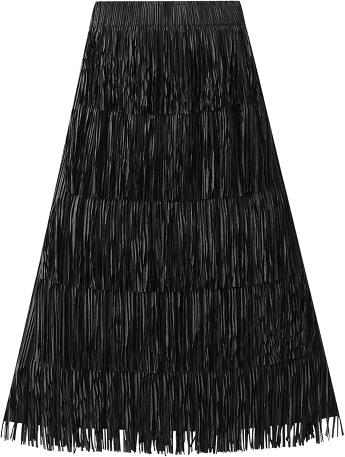 IWEMEK Elastic High Waist Fringe Skirts for Women Tassels Tiered Layered Midi Skirts Fall Christmas Party Casual A-Line Skirt