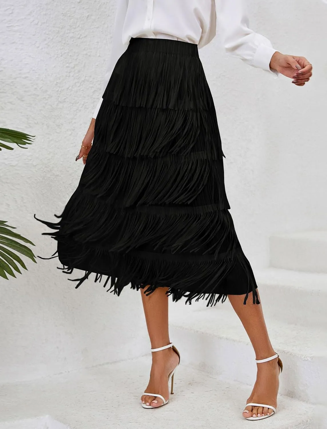 IWEMEK Elastic High Waist Fringe Skirts for Women Tassels Tiered Layered Midi Skirts Fall Christmas Party Casual A-Line Skirt