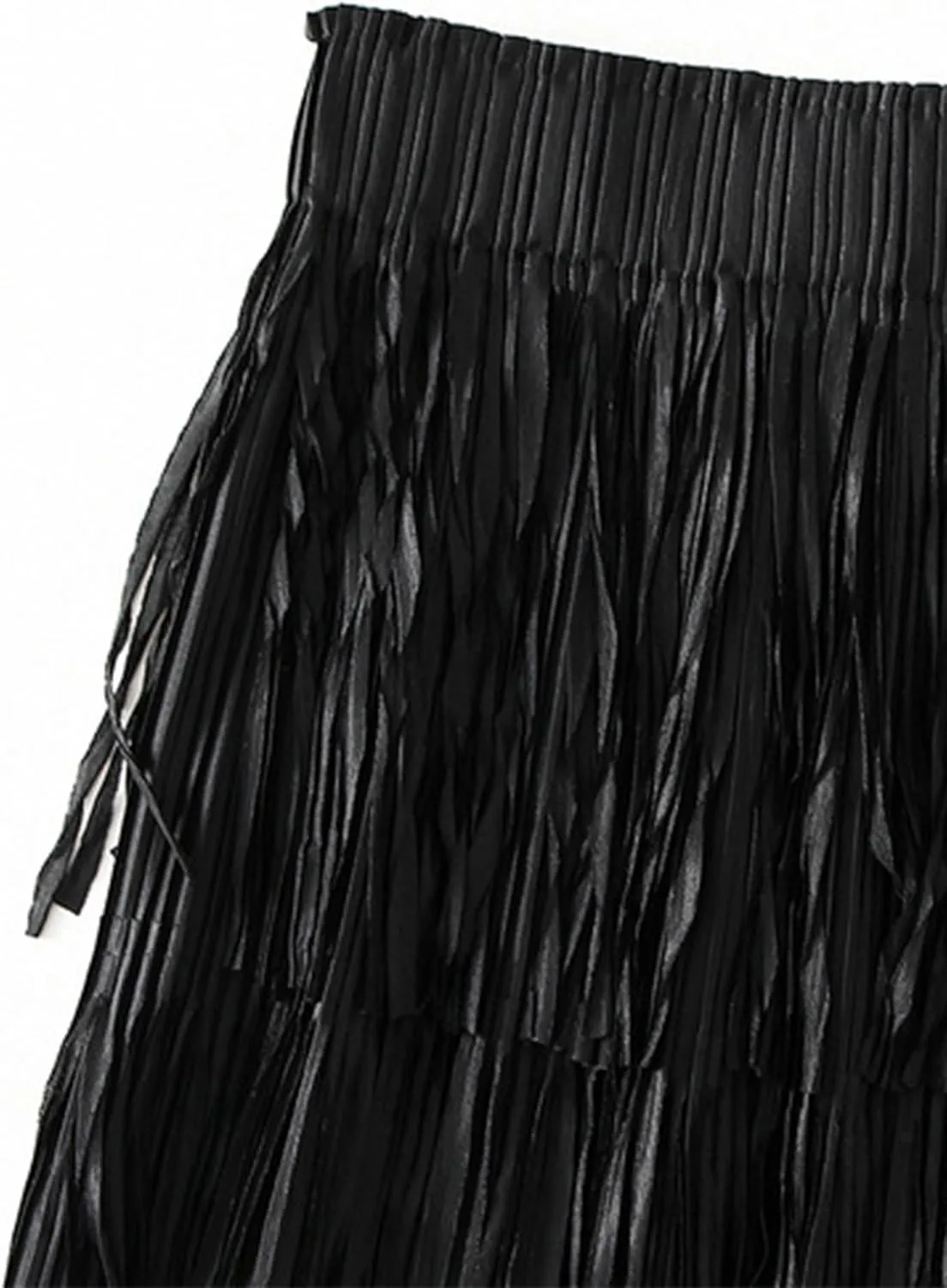 IWEMEK Elastic High Waist Fringe Skirts for Women Tassels Tiered Layered Midi Skirts Fall Christmas Party Casual A-Line Skirt