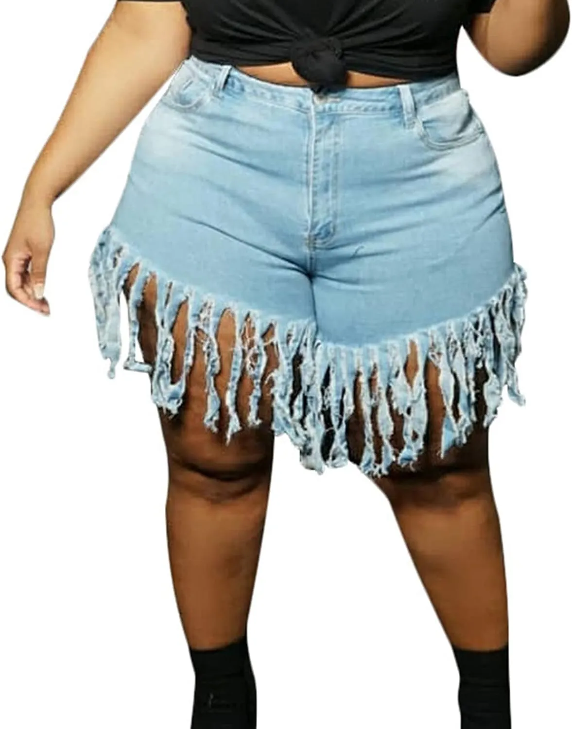JEKE-DG Women Frayed Raw Denim Shorts High Waisted Tassels Stretchy Short Pants Hem Short Jeans Clubwear Jeans Short