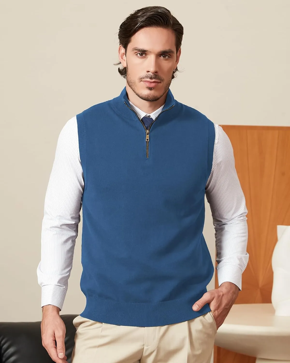 Kallspin Mens Pure Cotton Quarter Zipper Sweater Vest V-Neck Lightweight Sleeveless Knitted Pullover