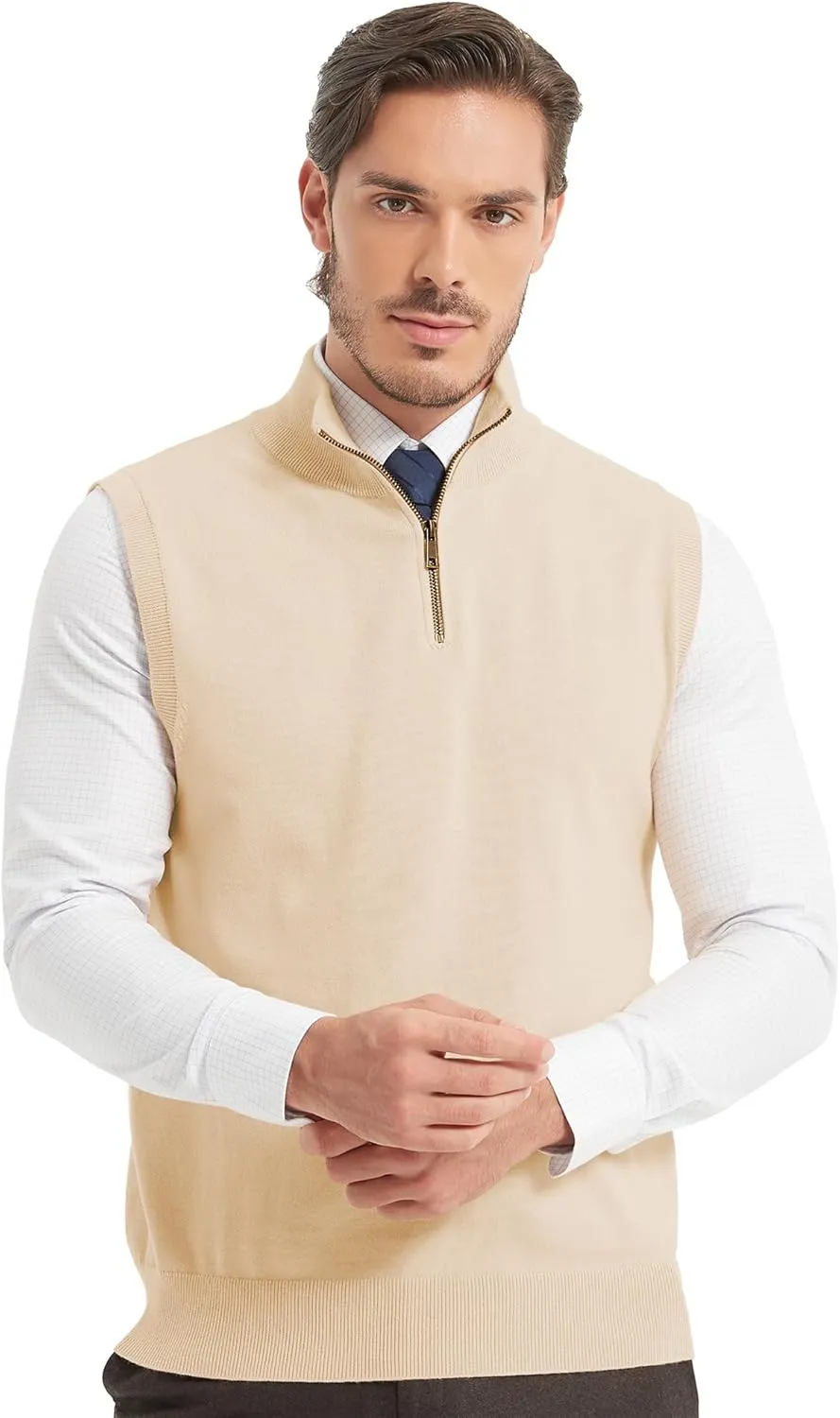 Kallspin Mens Pure Cotton Quarter Zipper Sweater Vest V-Neck Lightweight Sleeveless Knitted Pullover