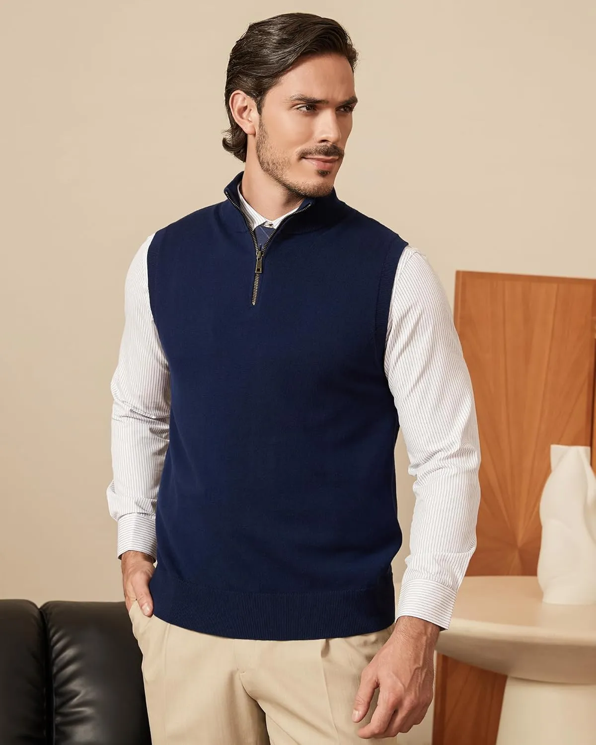 Kallspin Mens Pure Cotton Quarter Zipper Sweater Vest V-Neck Lightweight Sleeveless Knitted Pullover