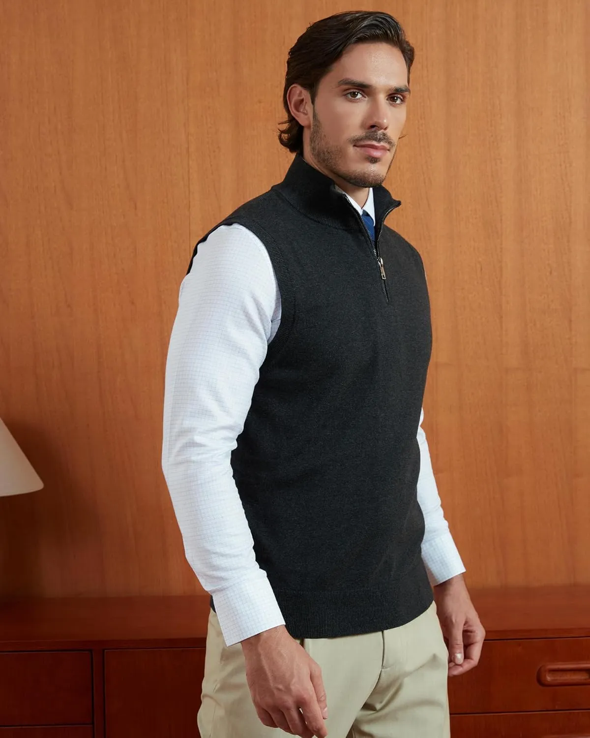 Kallspin Mens Pure Cotton Quarter Zipper Sweater Vest V-Neck Lightweight Sleeveless Knitted Pullover