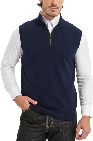 Kallspin Mens Pure Cotton Quarter Zipper Sweater Vest V-Neck Lightweight Sleeveless Knitted Pullover