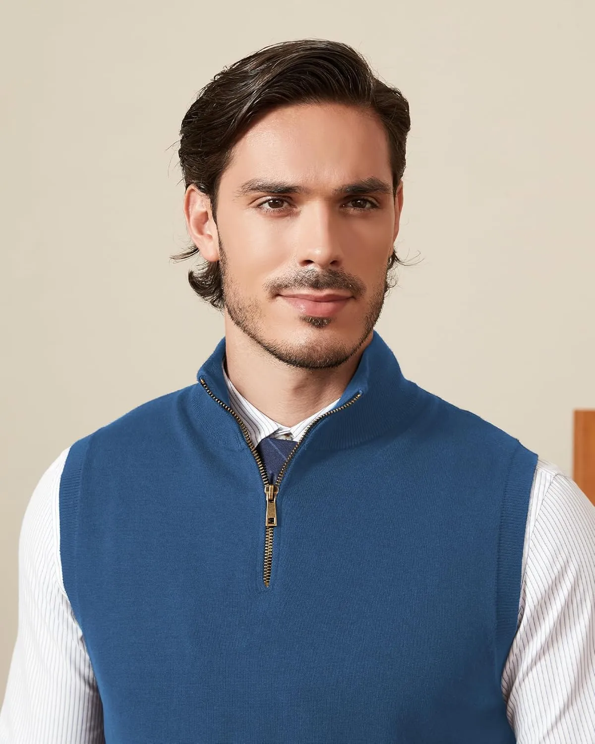 Kallspin Mens Pure Cotton Quarter Zipper Sweater Vest V-Neck Lightweight Sleeveless Knitted Pullover