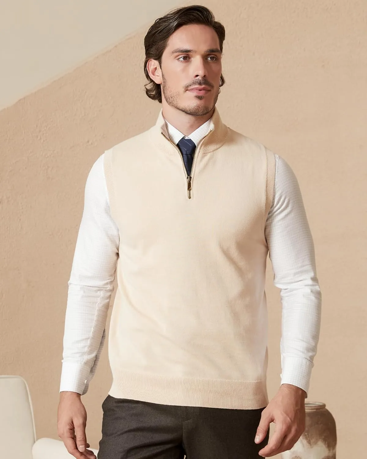 Kallspin Mens Pure Cotton Quarter Zipper Sweater Vest V-Neck Lightweight Sleeveless Knitted Pullover