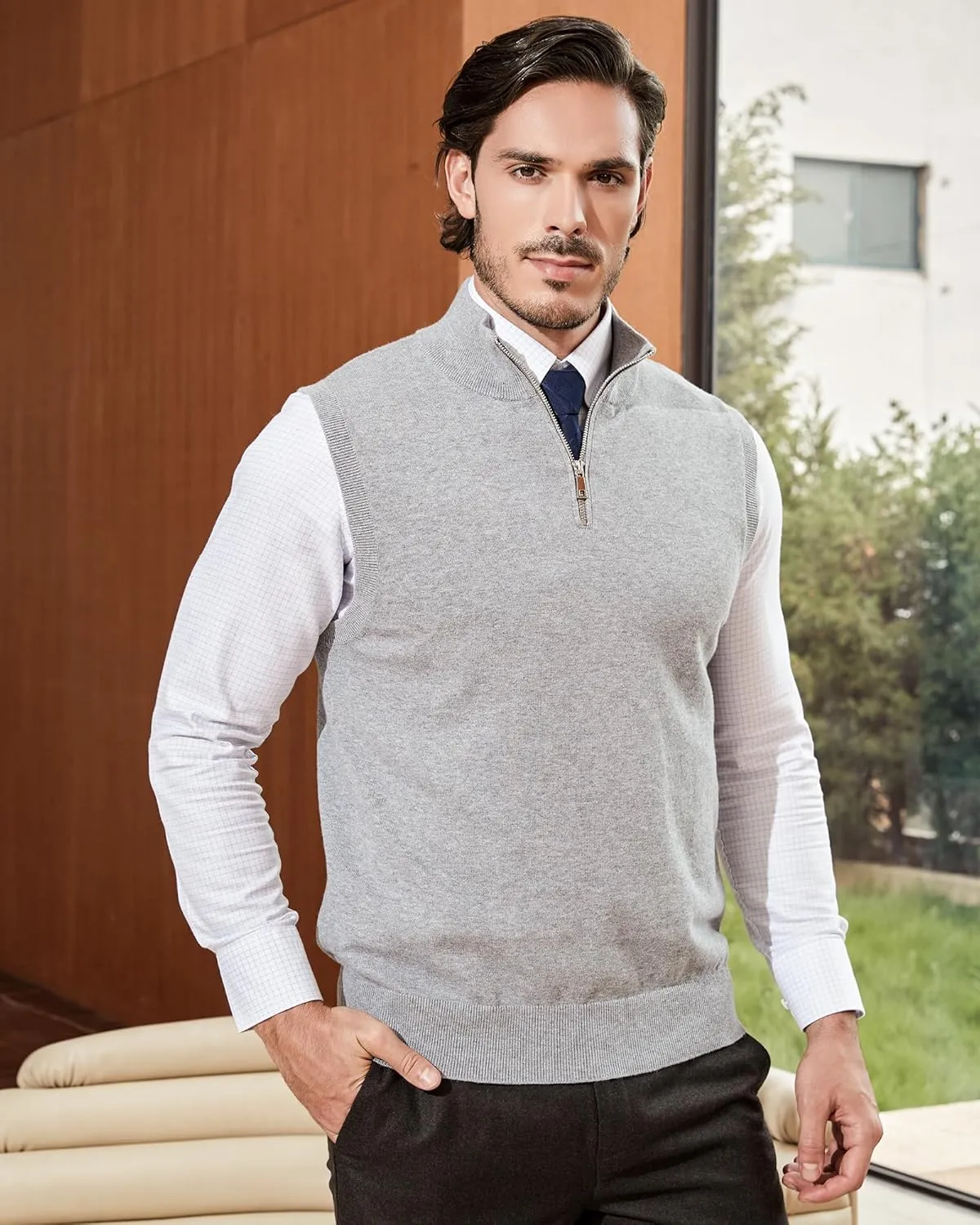 Kallspin Mens Pure Cotton Quarter Zipper Sweater Vest V-Neck Lightweight Sleeveless Knitted Pullover