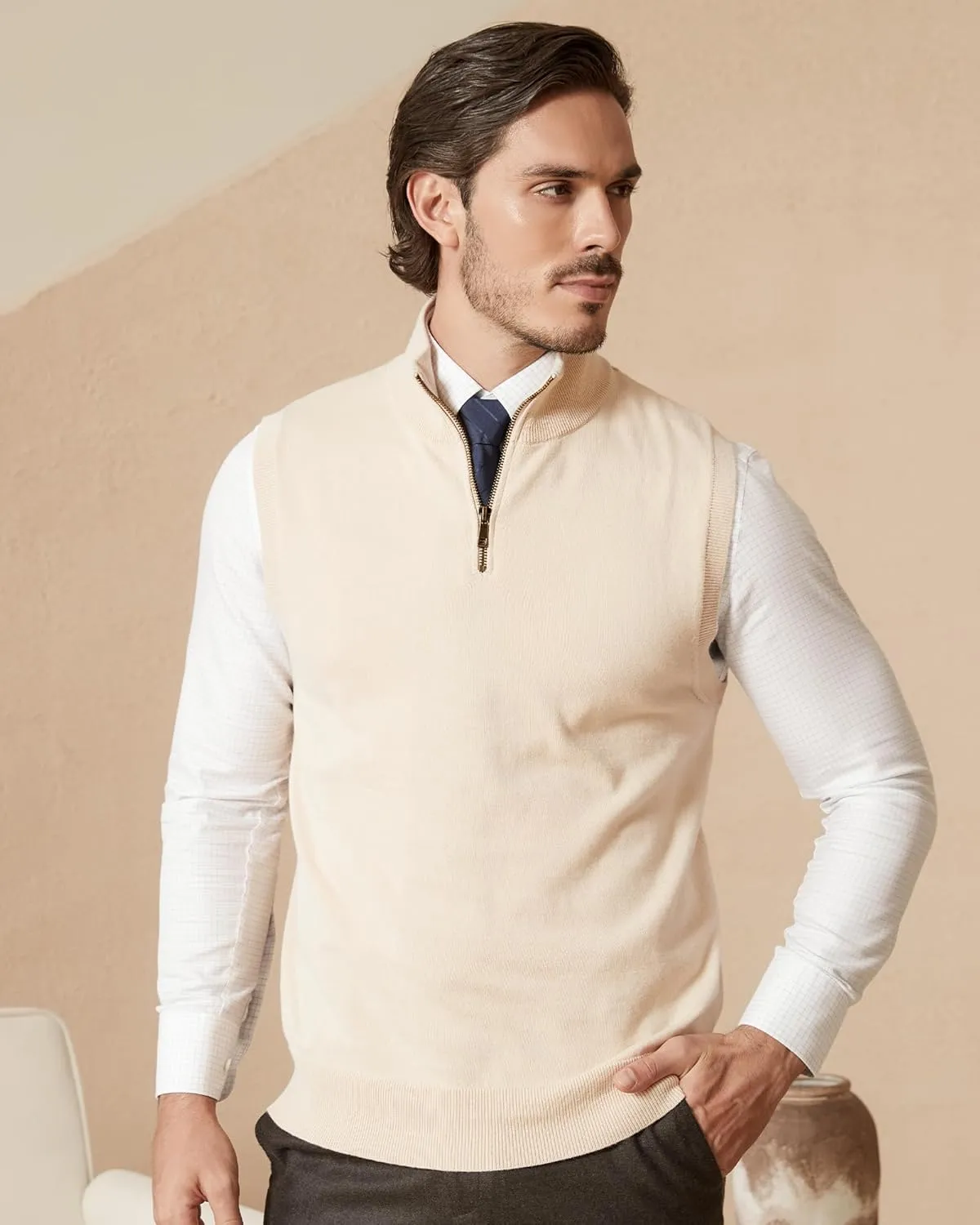 Kallspin Mens Pure Cotton Quarter Zipper Sweater Vest V-Neck Lightweight Sleeveless Knitted Pullover