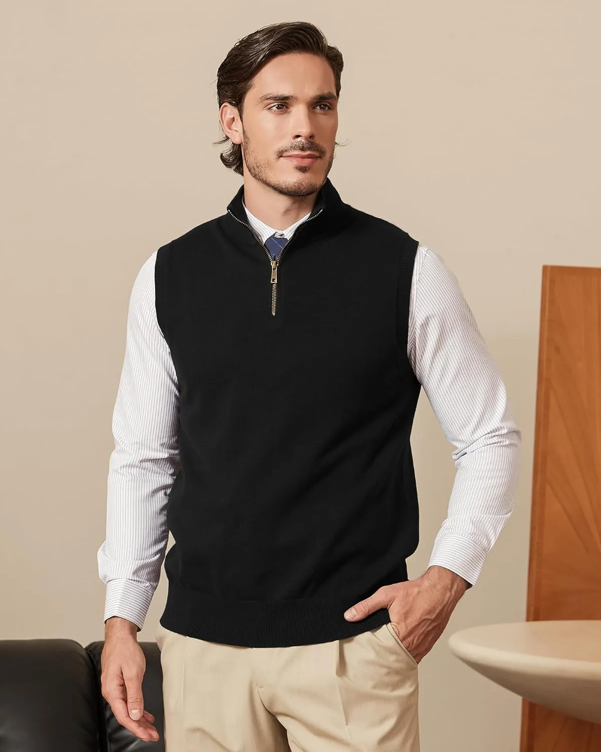 Kallspin Mens Pure Cotton Quarter Zipper Sweater Vest V-Neck Lightweight Sleeveless Knitted Pullover