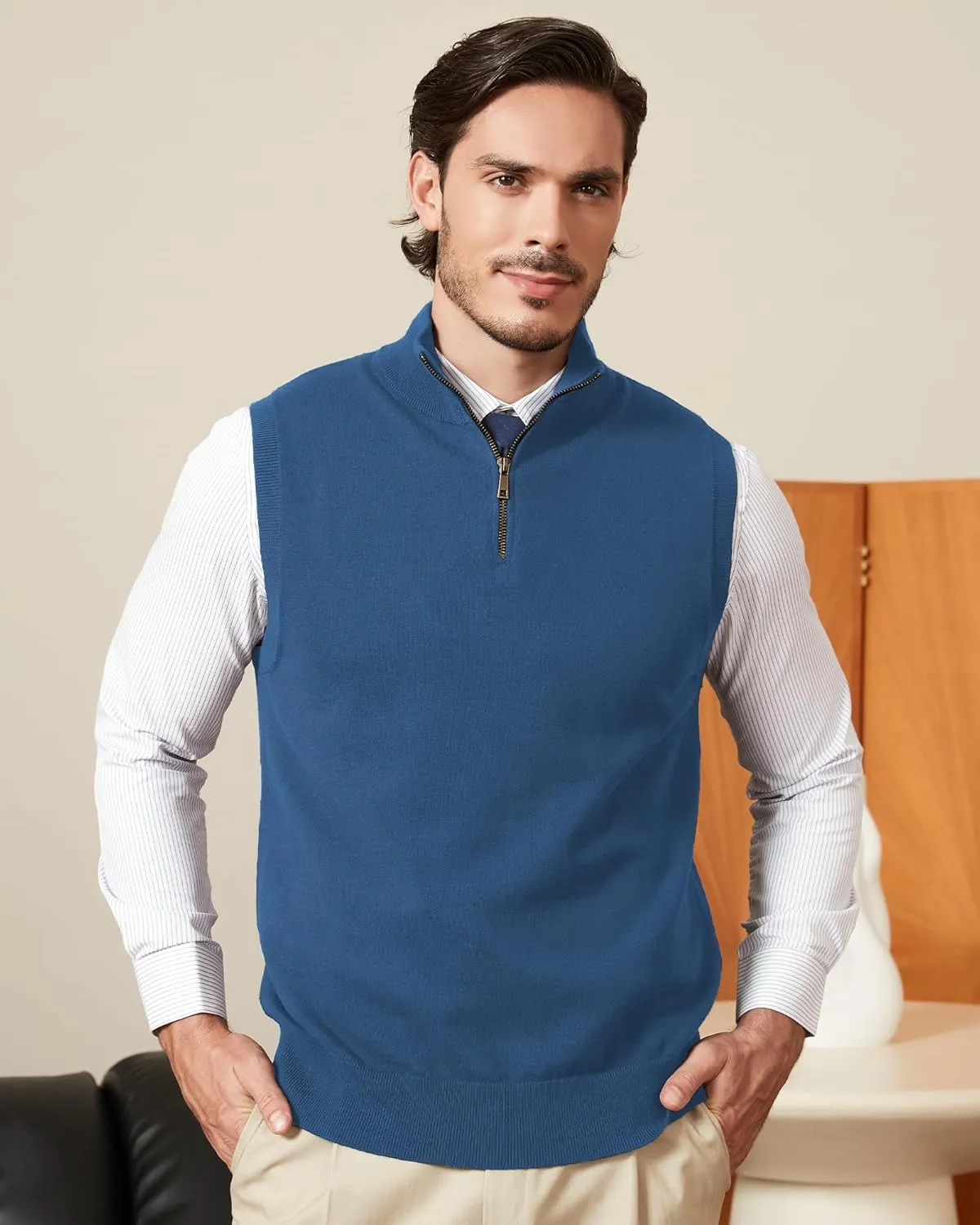 Kallspin Mens Pure Cotton Quarter Zipper Sweater Vest V-Neck Lightweight Sleeveless Knitted Pullover