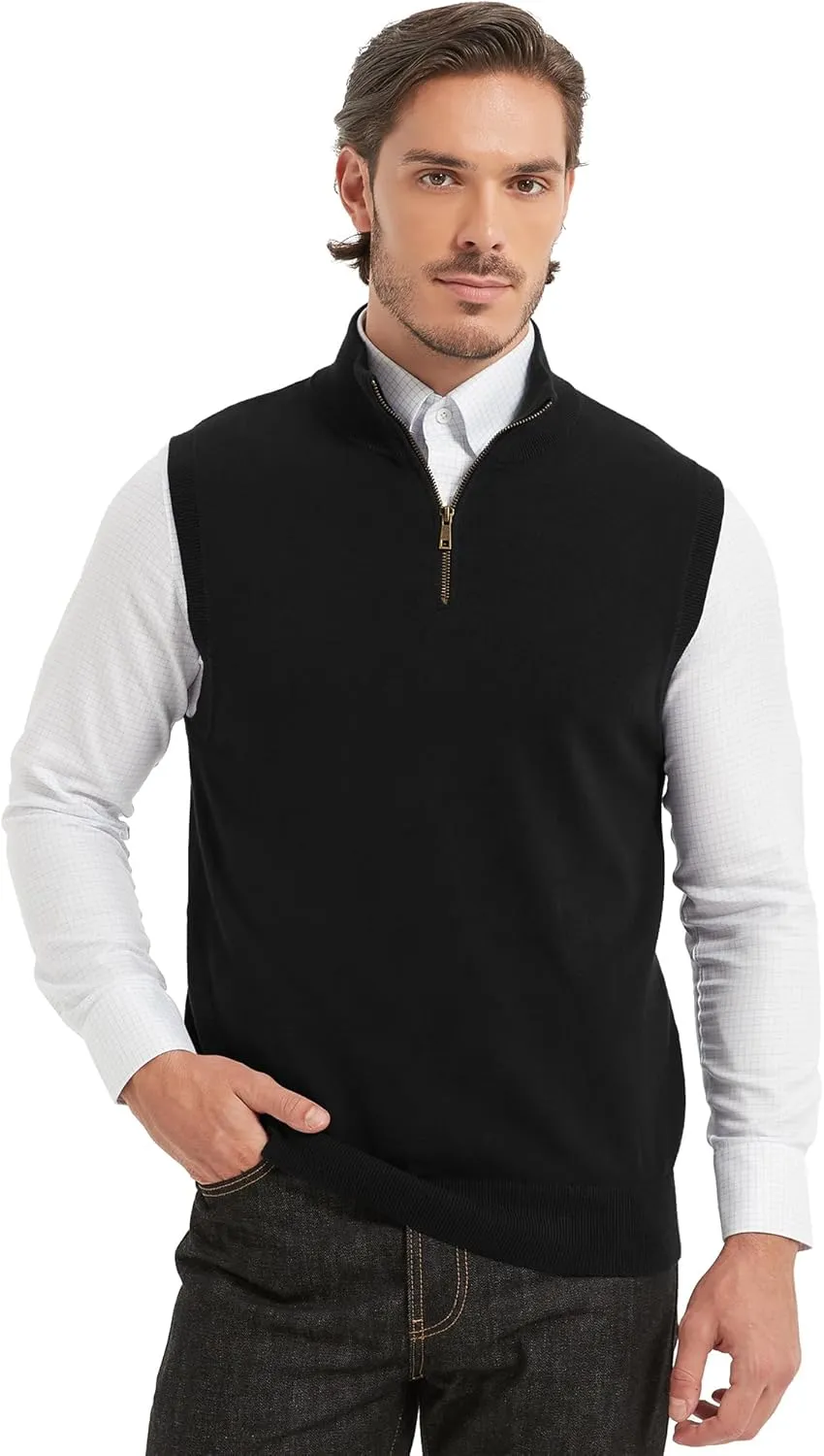 Kallspin Mens Pure Cotton Quarter Zipper Sweater Vest V-Neck Lightweight Sleeveless Knitted Pullover