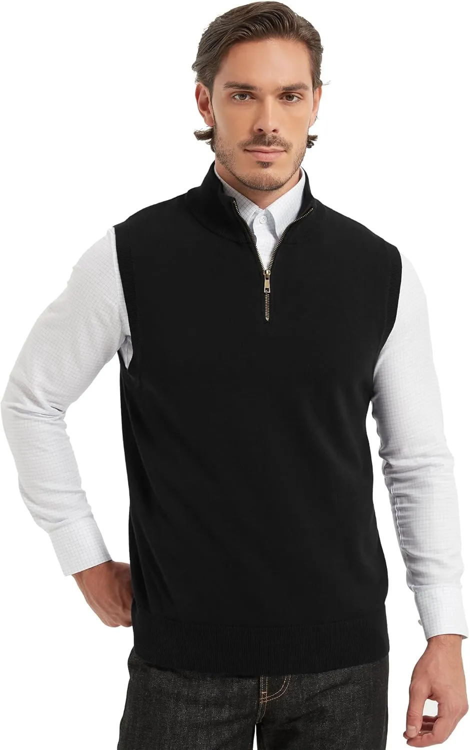 Kallspin Mens Pure Cotton Quarter Zipper Sweater Vest V-Neck Lightweight Sleeveless Knitted Pullover