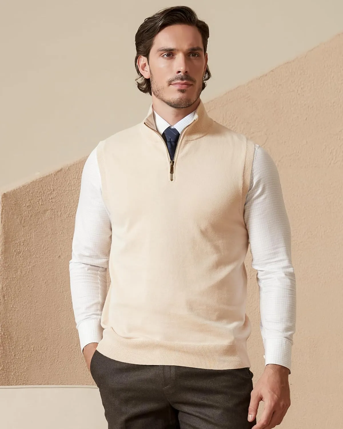 Kallspin Mens Pure Cotton Quarter Zipper Sweater Vest V-Neck Lightweight Sleeveless Knitted Pullover