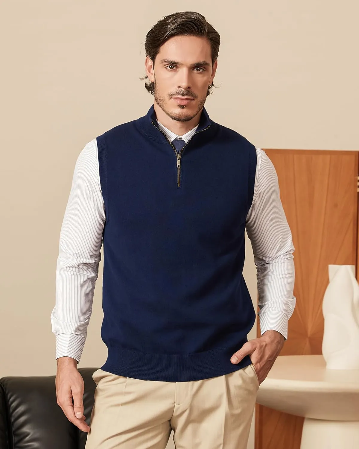 Kallspin Mens Pure Cotton Quarter Zipper Sweater Vest V-Neck Lightweight Sleeveless Knitted Pullover
