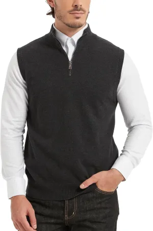 Kallspin Mens Pure Cotton Quarter Zipper Sweater Vest V-Neck Lightweight Sleeveless Knitted Pullover
