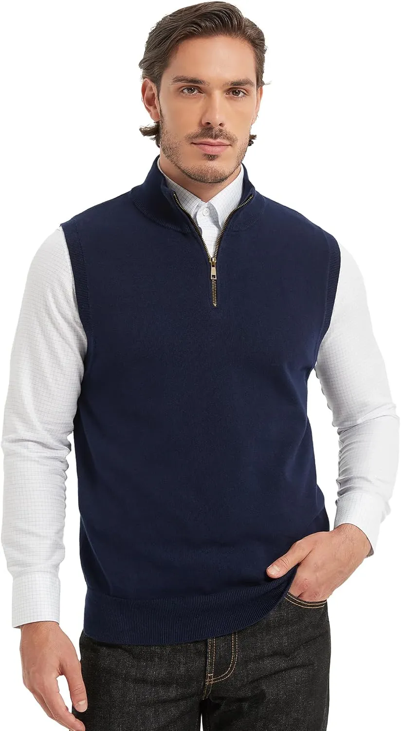 Kallspin Mens Pure Cotton Quarter Zipper Sweater Vest V-Neck Lightweight Sleeveless Knitted Pullover