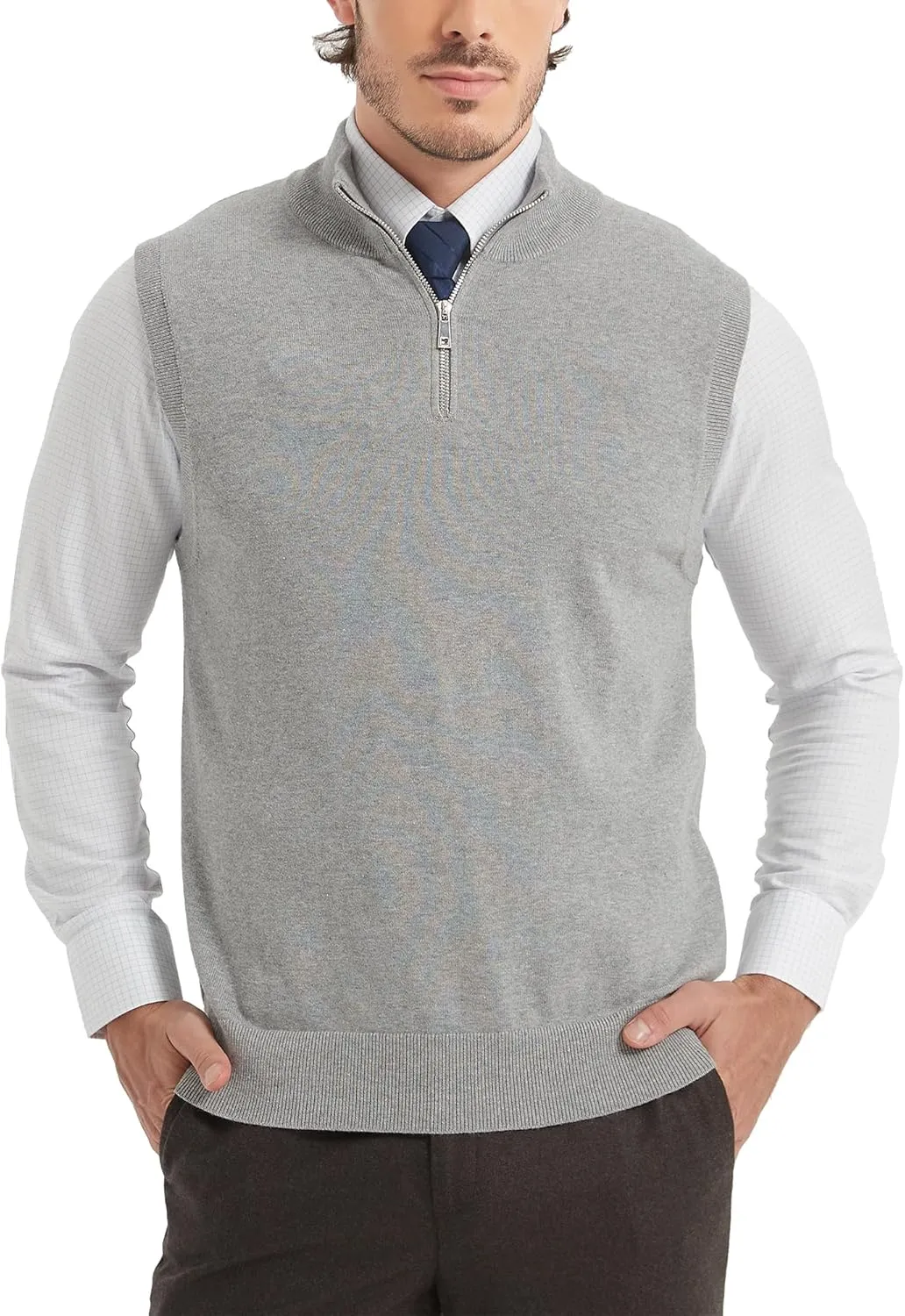 Kallspin Mens Pure Cotton Quarter Zipper Sweater Vest V-Neck Lightweight Sleeveless Knitted Pullover