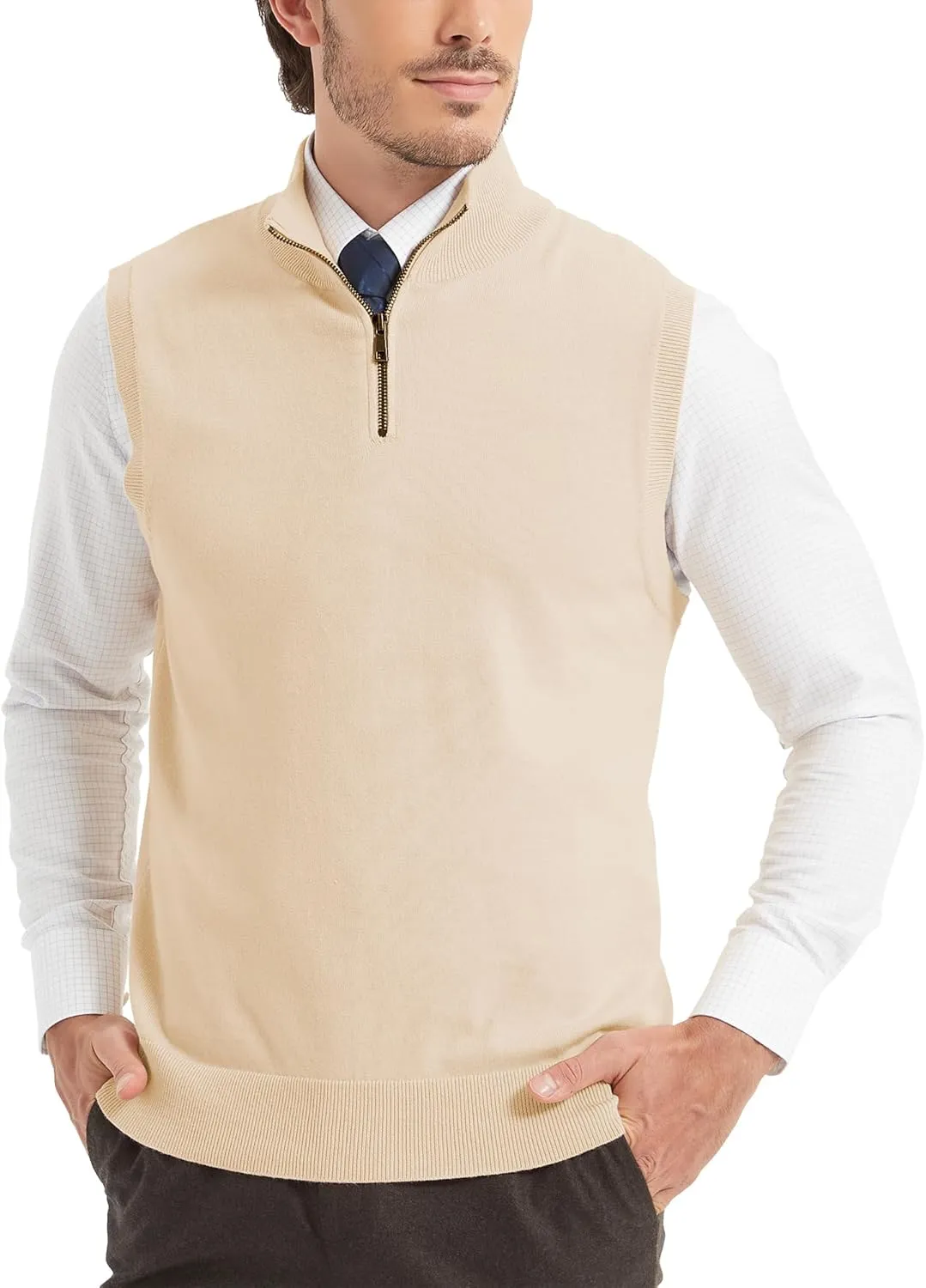 Kallspin Mens Pure Cotton Quarter Zipper Sweater Vest V-Neck Lightweight Sleeveless Knitted Pullover