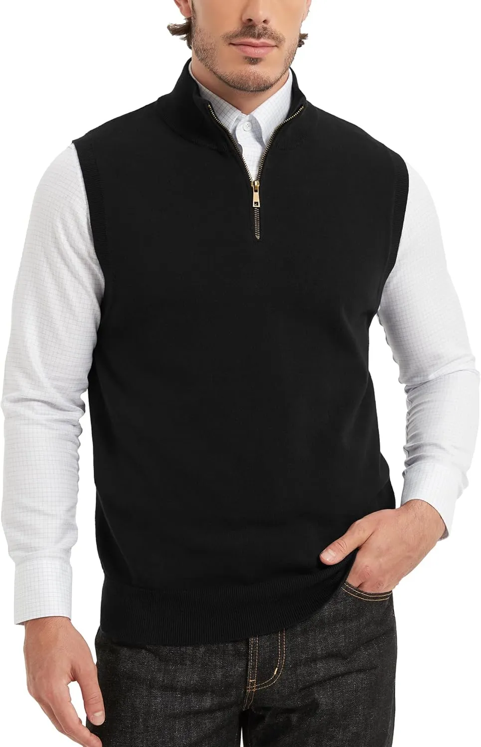 Kallspin Mens Pure Cotton Quarter Zipper Sweater Vest V-Neck Lightweight Sleeveless Knitted Pullover