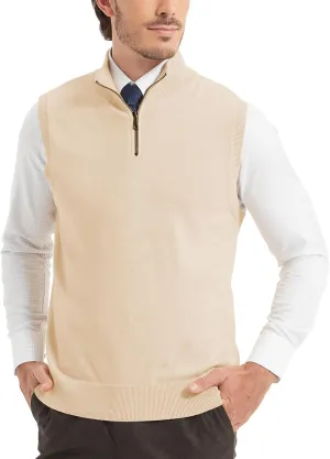 Kallspin Mens Pure Cotton Quarter Zipper Sweater Vest V-Neck Lightweight Sleeveless Knitted Pullover