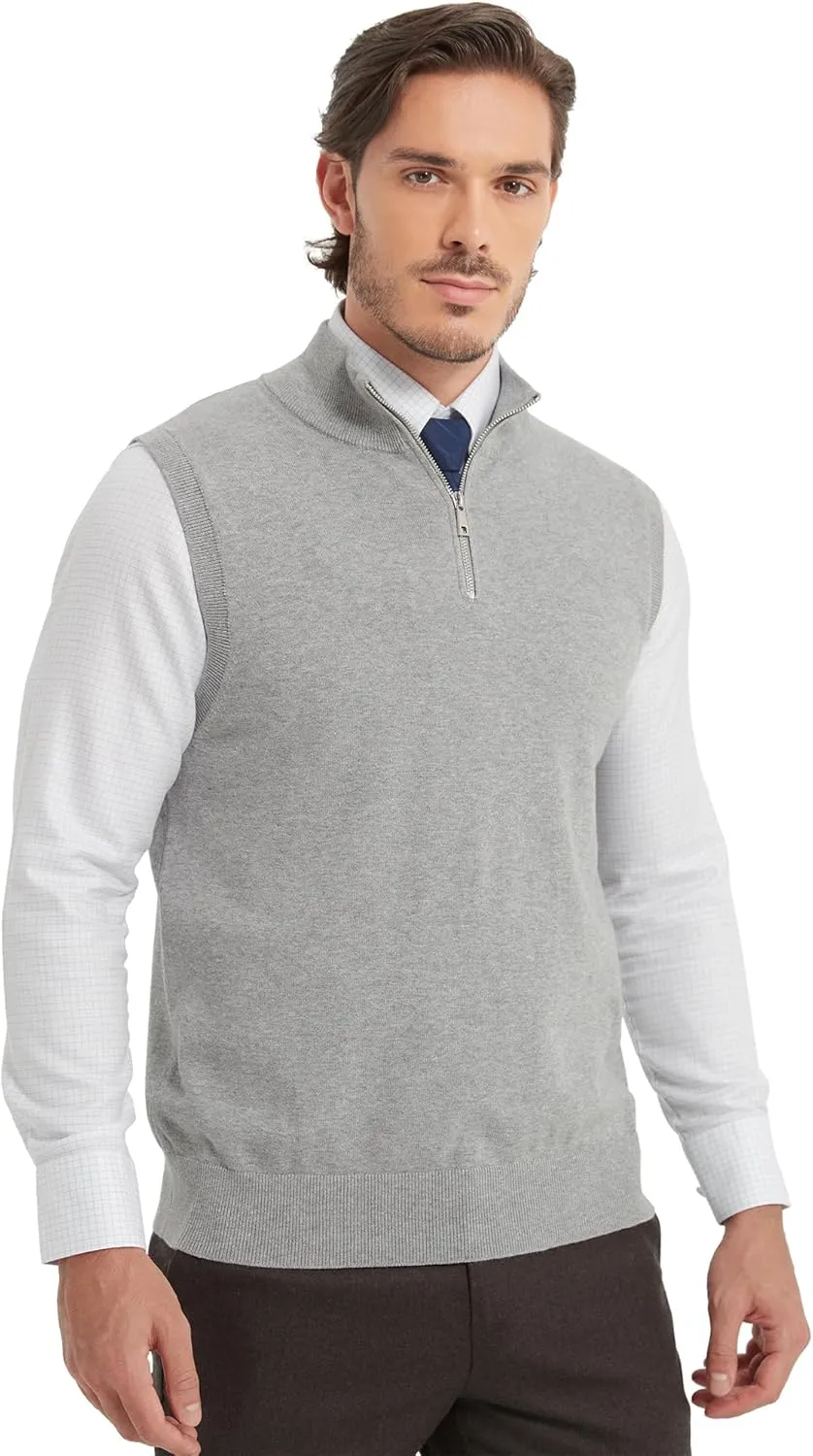 Kallspin Mens Pure Cotton Quarter Zipper Sweater Vest V-Neck Lightweight Sleeveless Knitted Pullover