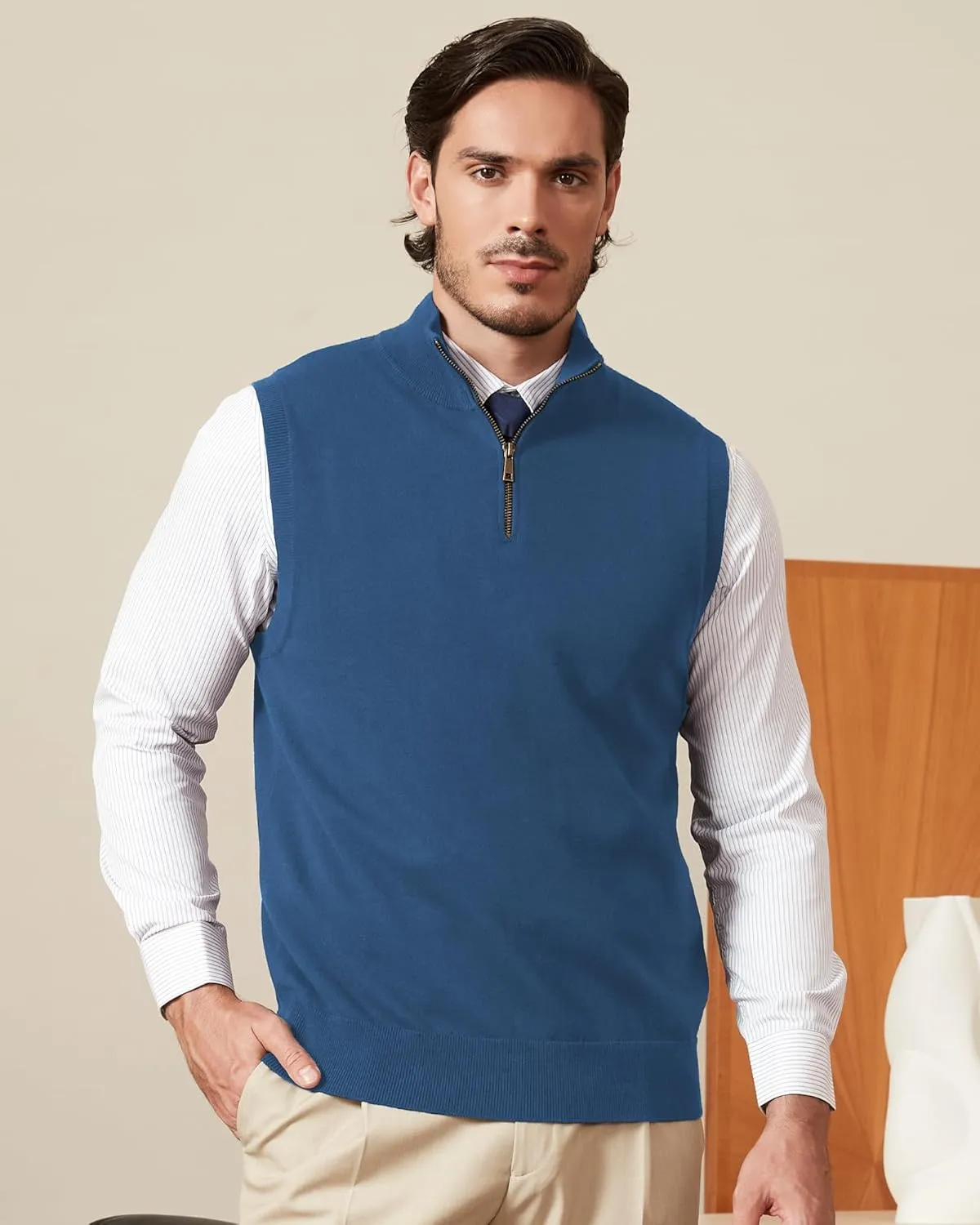 Kallspin Mens Pure Cotton Quarter Zipper Sweater Vest V-Neck Lightweight Sleeveless Knitted Pullover