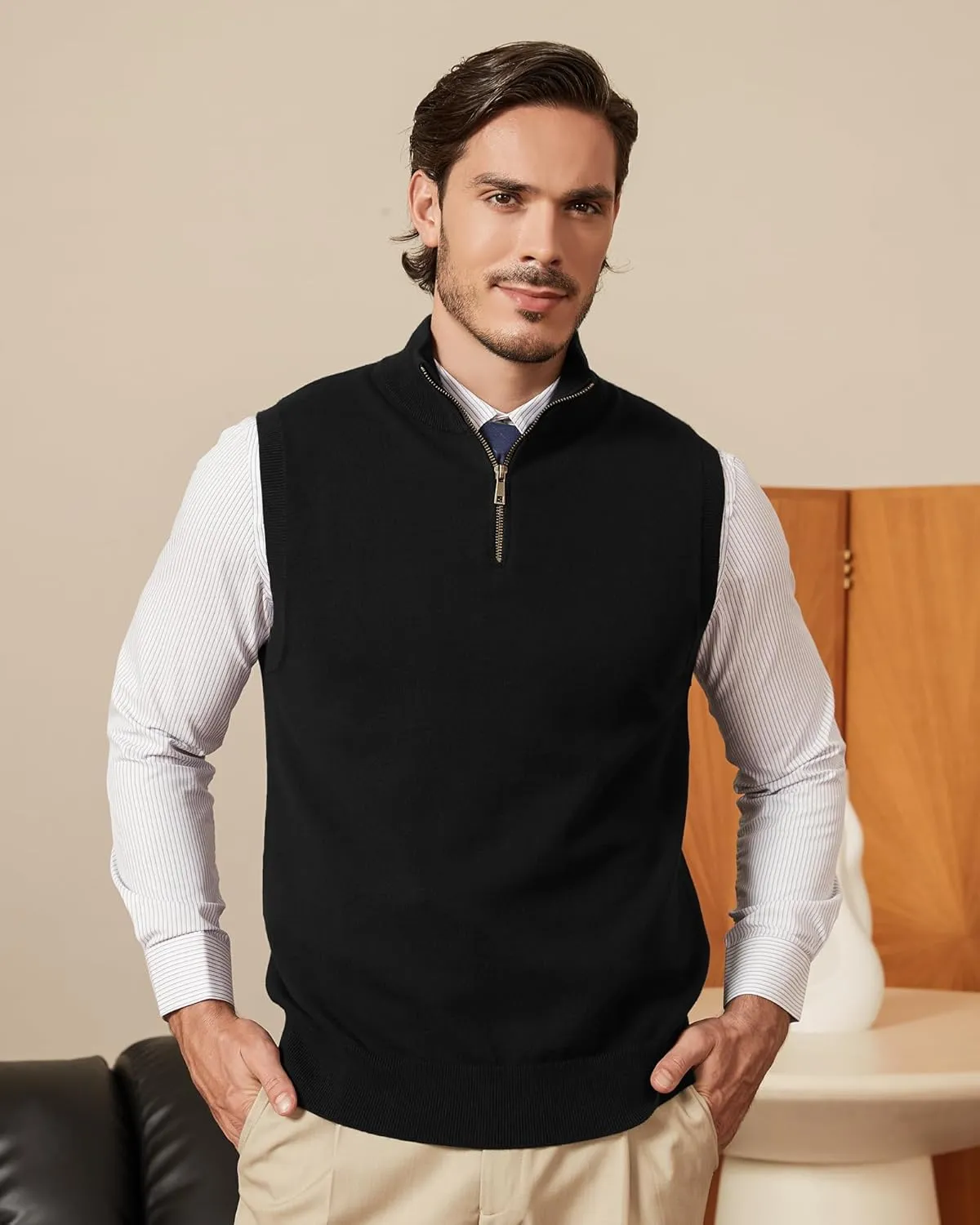 Kallspin Mens Pure Cotton Quarter Zipper Sweater Vest V-Neck Lightweight Sleeveless Knitted Pullover