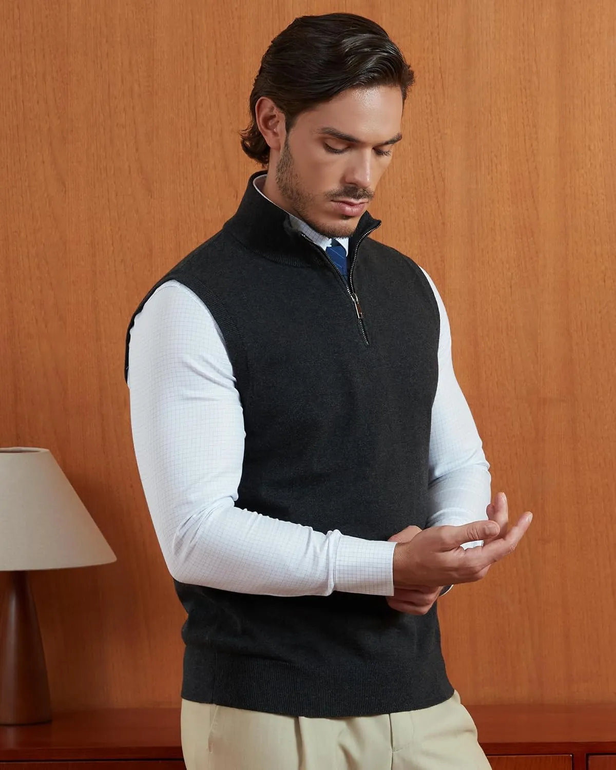 Kallspin Mens Pure Cotton Quarter Zipper Sweater Vest V-Neck Lightweight Sleeveless Knitted Pullover