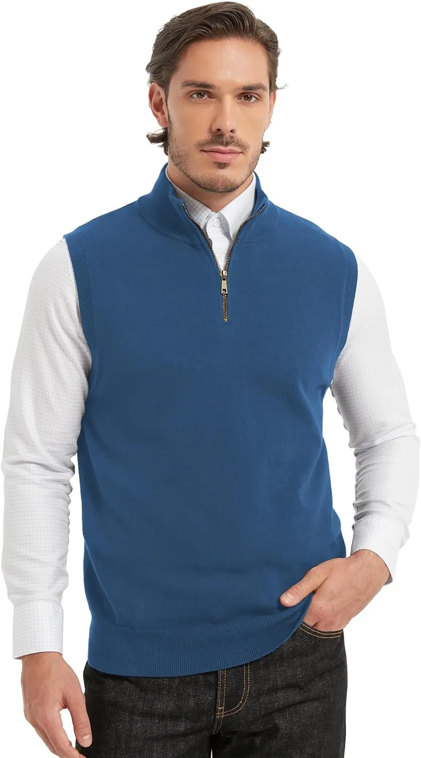 Kallspin Mens Pure Cotton Quarter Zipper Sweater Vest V-Neck Lightweight Sleeveless Knitted Pullover