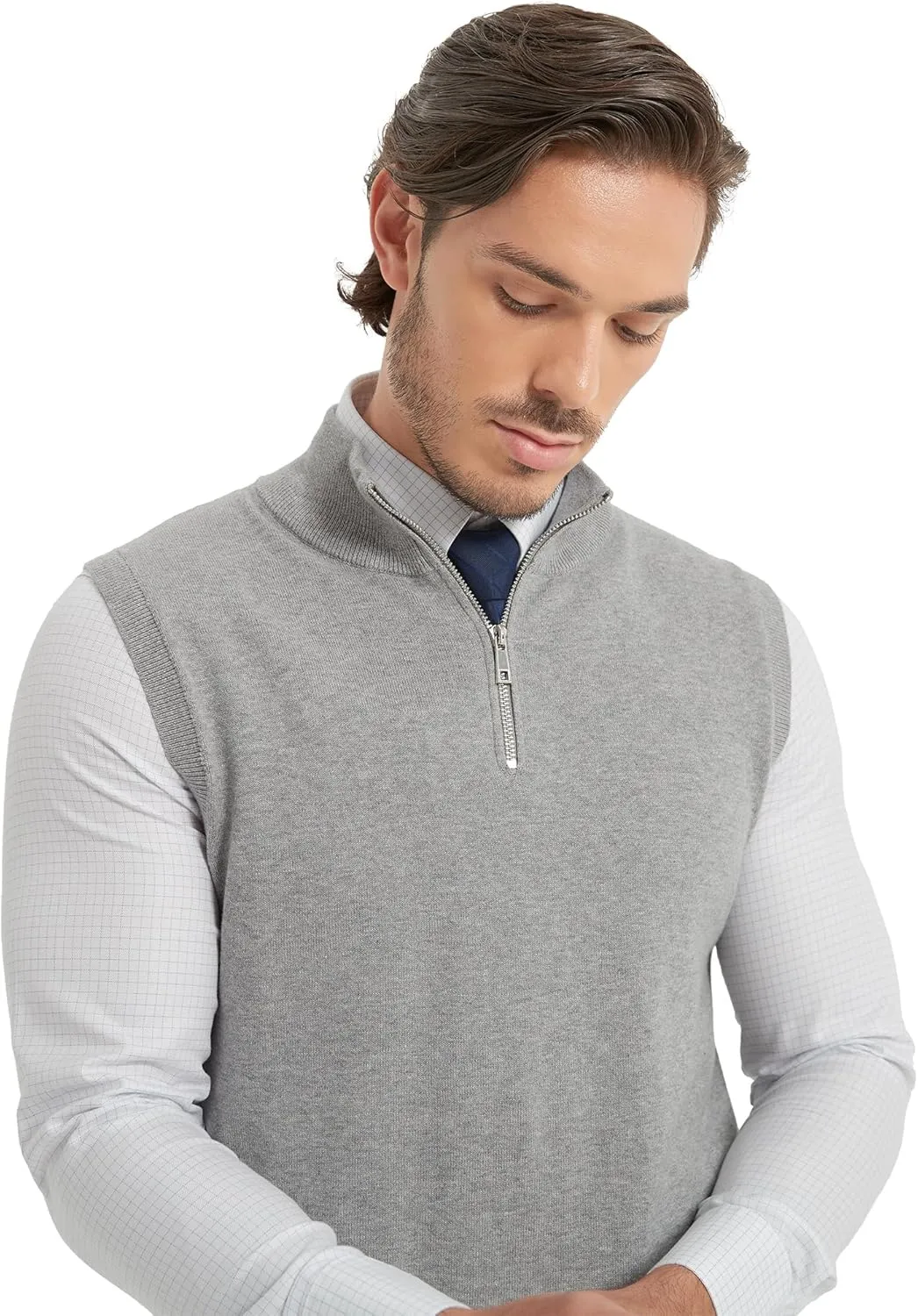 Kallspin Mens Pure Cotton Quarter Zipper Sweater Vest V-Neck Lightweight Sleeveless Knitted Pullover