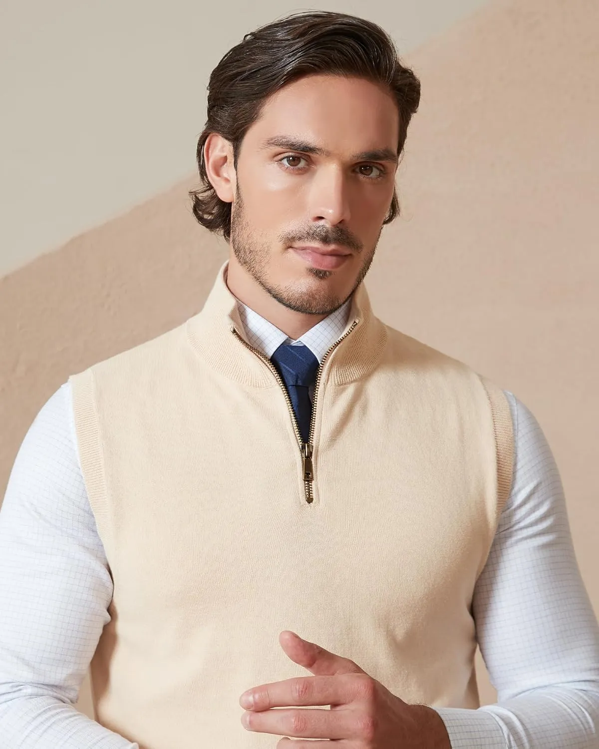Kallspin Mens Pure Cotton Quarter Zipper Sweater Vest V-Neck Lightweight Sleeveless Knitted Pullover