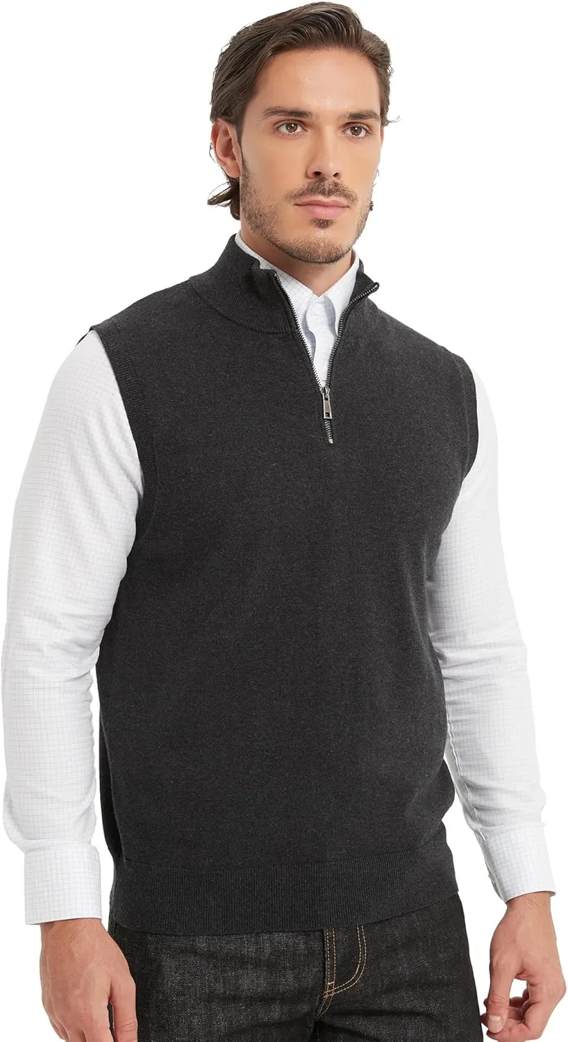 Kallspin Mens Pure Cotton Quarter Zipper Sweater Vest V-Neck Lightweight Sleeveless Knitted Pullover