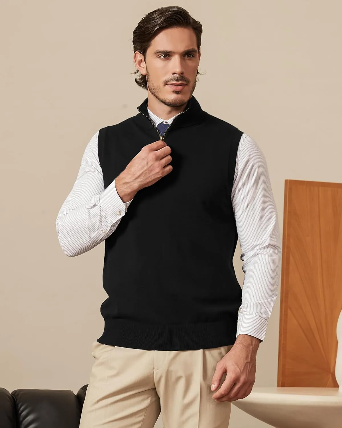 Kallspin Mens Pure Cotton Quarter Zipper Sweater Vest V-Neck Lightweight Sleeveless Knitted Pullover